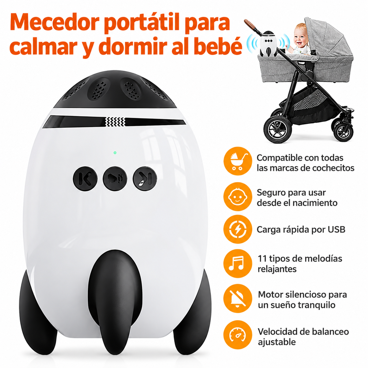 CalmaBebé™ - Dispositivo Calmante para Carrito con Vibración y Ruido Blanco