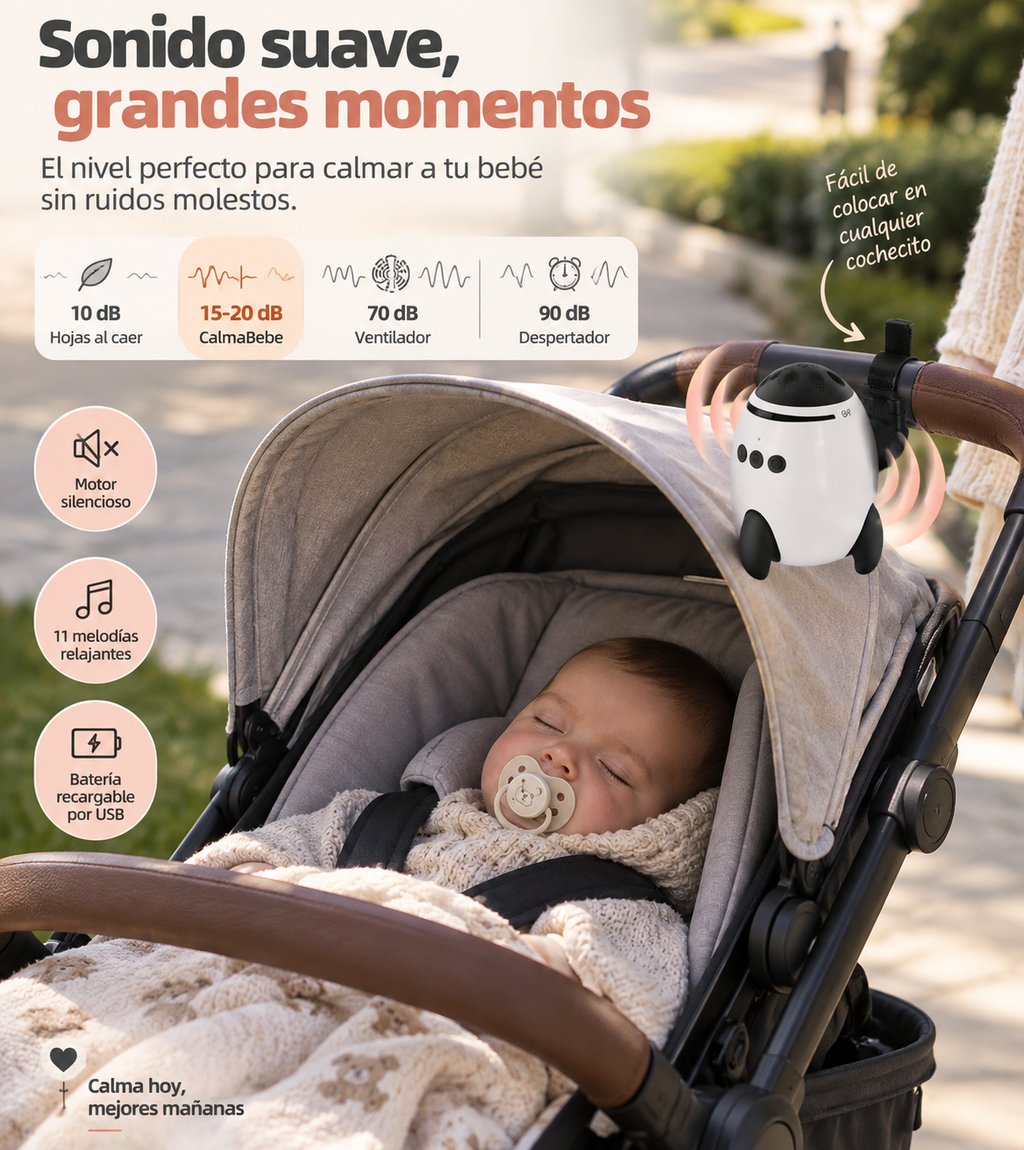CalmaBebé™ - Dispositivo Calmante para Carrito con Vibración y Ruido Blanco