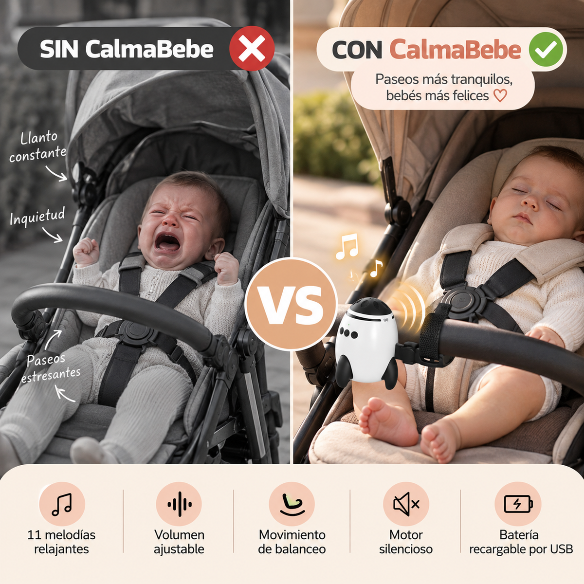 CalmaBebé™ - Dispositivo Calmante para Carrito con Vibración y Ruido Blanco