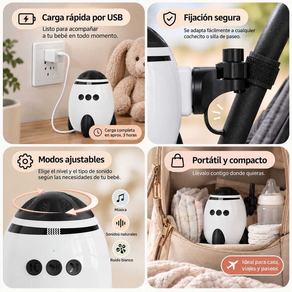 CalmaBebé™ - Dispositivo Calmante para Carrito con Vibración y Ruido Blanco